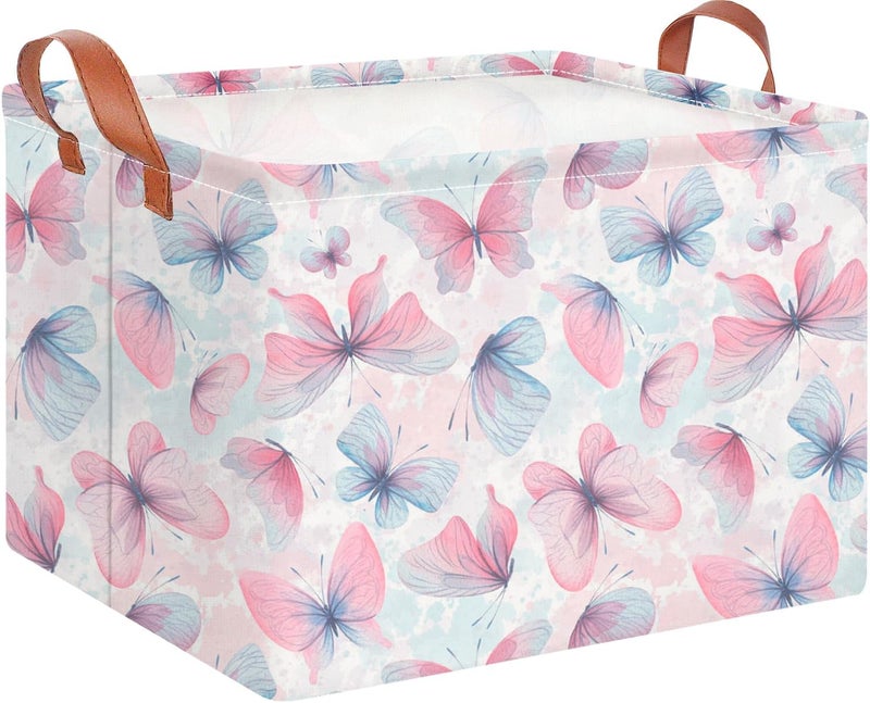 CLOCOR Rectangular Butterfly Print Gift Basket Empty,Waterproof Storage Basket with Handles, Books Box,Room Decor(Pink & Purple Butterfly) - Image 1